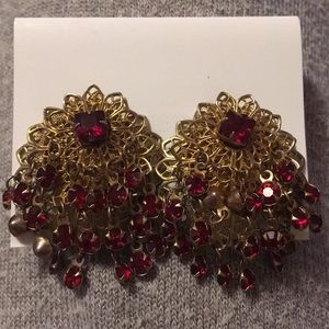 Vintage 1950’s Pair Of Clip On Gold & Ruby Earrings